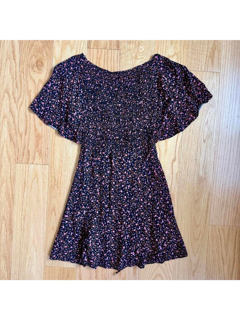 Free People Black Ditsy Floral Mini Dress Flutter Sleeve Lace-Up Back XS